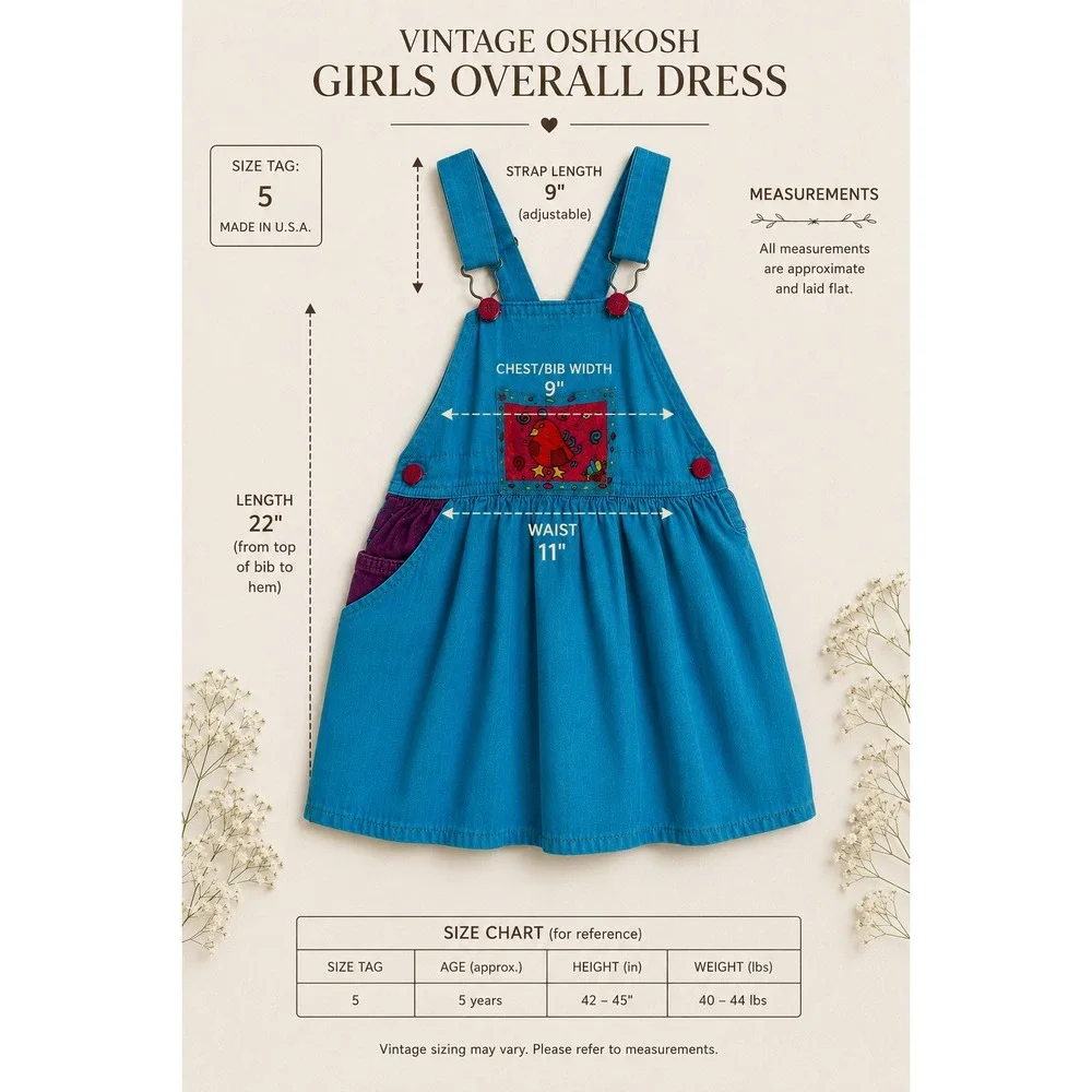 OshKosh B'gosh Vintage 90s Blue Purple Overall Dress Bird Patch Girls Size 5 USA